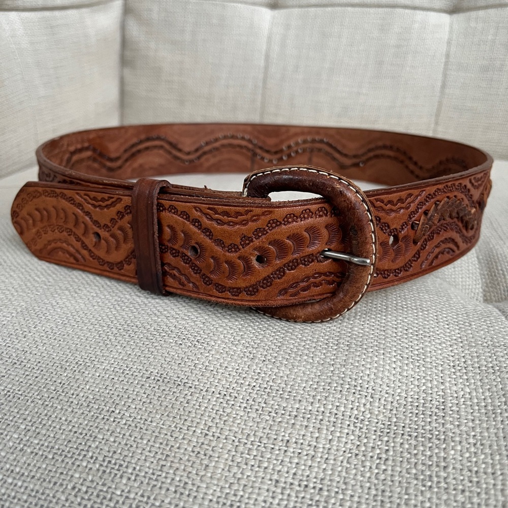 WESTERN Style Floral Tooled Lacing Detail Belt Brown Leather Rodeo Stampede
